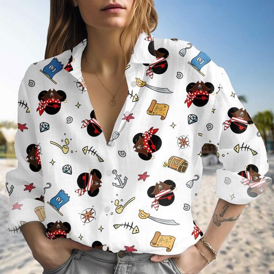 Discover Disney Pirates Blouse Women Shirts, Disney Pirates of Caribbean Shirt, Disney Mickey Minnie Cruise Linen-look Shirt, Disney trip Gift