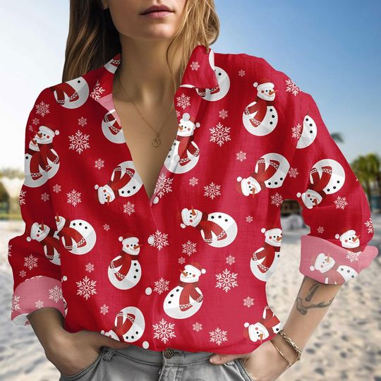 Discover Snowman Christmas Blouse Shirt For Women, Funny Holiday Blouse Shirt, Festive Winter Button Up Top, Cute Xmas Gift For Her
