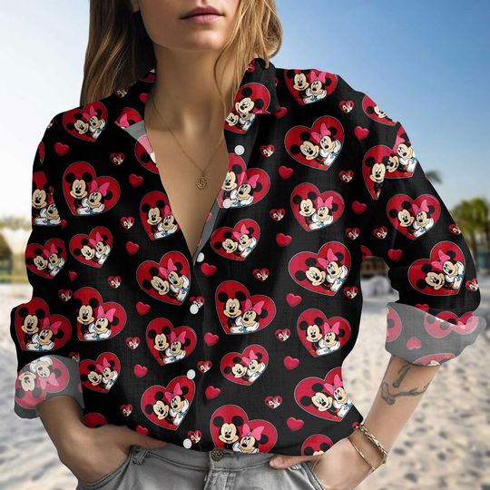 Discover Heart Disney Mickey Minnie Blouse Shirt, Disneyland Linen-Look Shirt, Happy Valentine Gifts, Mickey Minnie Blouse Women Shirt