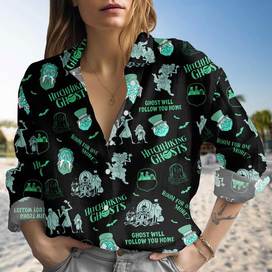 Discover Hitchhiking Ghosts Halloween Linen-Look Shirt, Haunted Mansion Shirt, Disney Ghost Shirt, Spooky Costume Top, Haunted Halloween Shirt