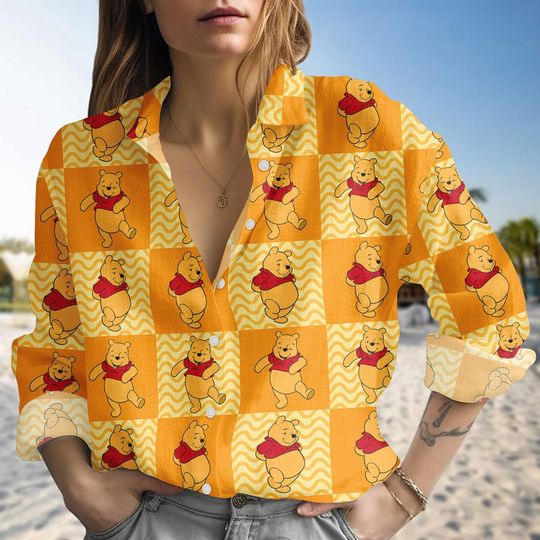 Discover Winnie the Pooh Linen-Look Shirt, Disney Pooh Casual Button Shirt, Cute Summer Blouse Shirt, Pooh Gift for Mom, Pooh Blouse Women Shirt