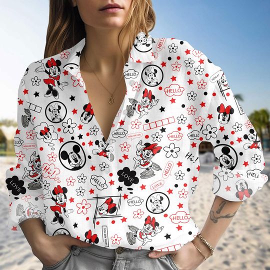 Discover Disney Mickey Minnie Love Casual Blouse Shirt, Mickey Mouse Blouse Women Shirt, Disney Valentine Day Casual Shirt, Gift For Her
