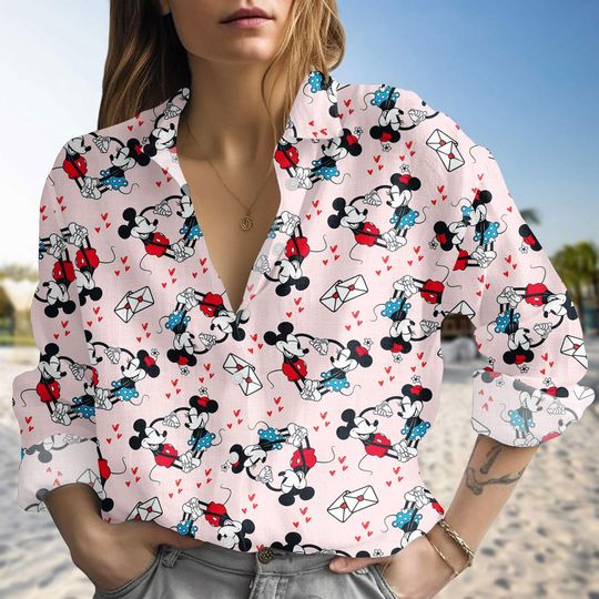 Discover Disney Mickey Minnie Heart Linen-Look Shirt, Disney Valentine Casual Shirt, Disney Couple Blouse Shirt, Valentines Day Gift For Her