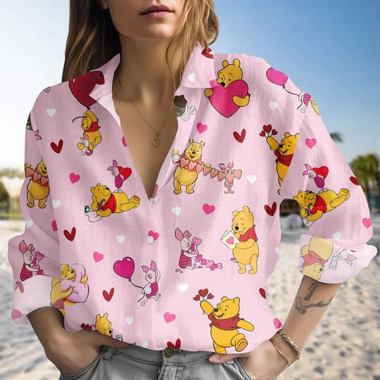 Discover Valentine's Day Winnie the Pooh Blouse Shirt, Heart Balloon Winnie the Pooh Linen-Look Shirt, Disney Valentine's Day Shirt, Lover Gift