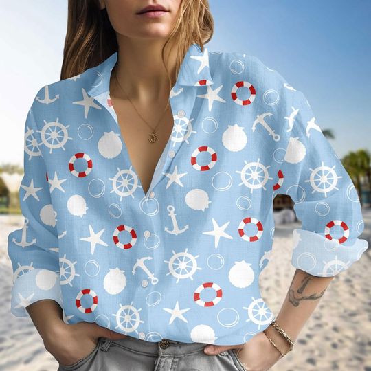 Discover Minimal Nautical Blouse Shirt, Anchor Wheel Blouse Women Shirt, Cruise Beach Linen-Look Shirt, Disney Cruise 2026 Women Gift