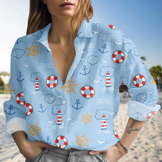 Discover Nautical Lighthouse Linen-Look Shirt, Coastal Blouse Shirt, Cruise Women Outfit, Cruise Line Blouse Women Shirt, Cruise Gift For Her