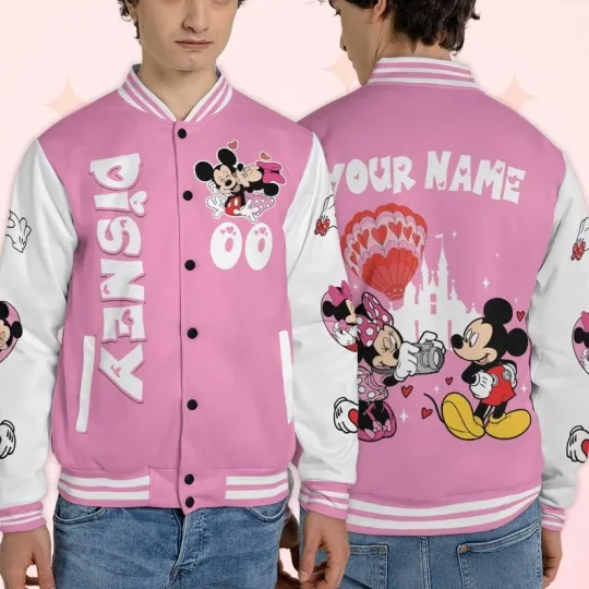 Discover Personalized Mickey & Minnie Mouse Cute Couple Valentine Gift Baseball Jacket