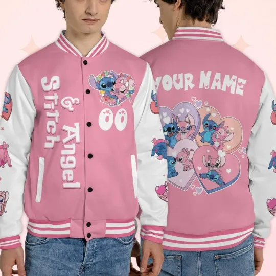 Discover Personalized Cute Stitch & Angel Couple Happy Valentine's Day Baseball Jacket