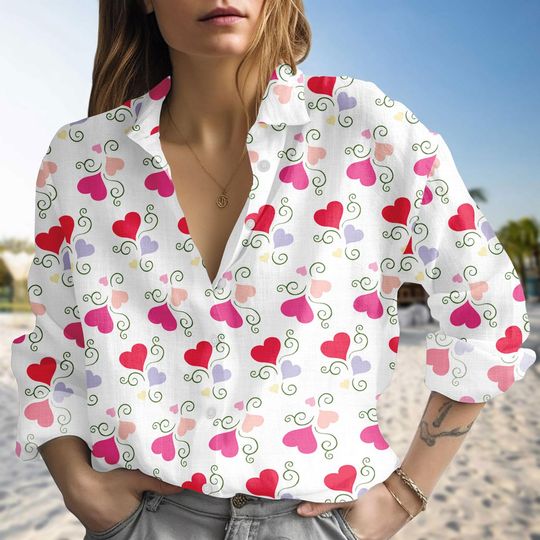 Discover Heart Blouse Shirt, Cute Button Up Blouse Shirt, Love Pattern Women Blouse Shirt, Gift For Her, Women, Valentine Gift