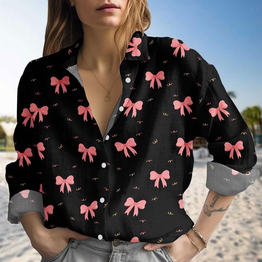 Discover Pink Bow Blouse Shirt, Cute Bow Linen-Look Shirt, Cute Bow Blouse Women Shirt, Women Shirt, Gift For Mom, Her