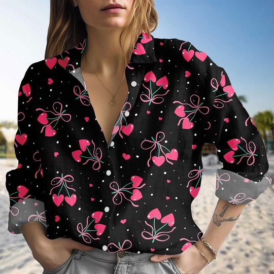 Discover Cherry Heart Linen-Look Shirt, Valentine Button Up Blouse, Love Pattern Blouse Women Shirt, Women Blouse Top, Valentine Women Gift