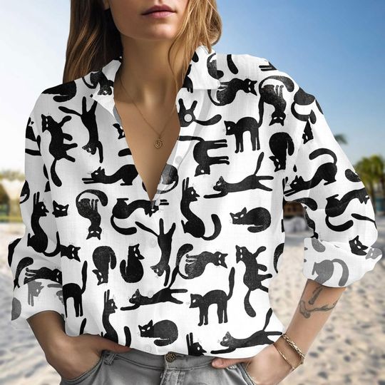Discover Black Cat Blouse Shirt, Cat Lover Linen Button Up Shirt, Minimal Cat Linen-Look Shirt, Cute Cat Blouse Women Shirt, Gift For Her, Mom