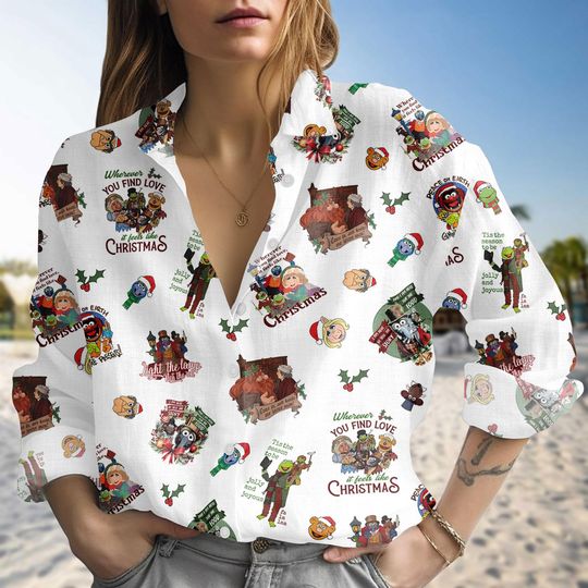 Christmas The Muppet Christmas Carol Linen-Look Shirt, The Muppet Blouse Shirt, K the frog Gonzo Rizzo Xmas Blouse Women Shirt