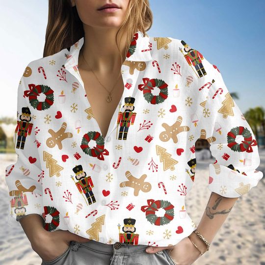Nutcracker Gingerbread Christmas Shirt, Holiday Wreath Candy Cane Blouse Shirt, Festive Xmas Tree Top For Women, Holiday Gift Idea