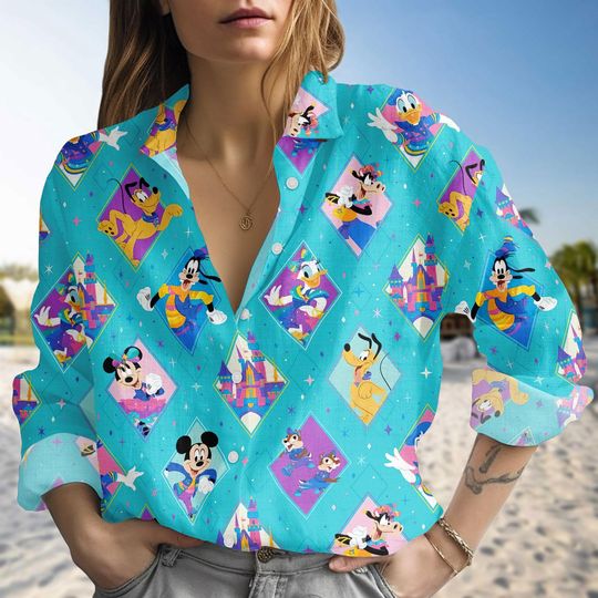 Discover Disney Park Linen-Look Shirt, Disneyland Character Blouse Shirt, Teal Button Up Top, Casual Disney Outfit, Mickey Blouse Women Shirt