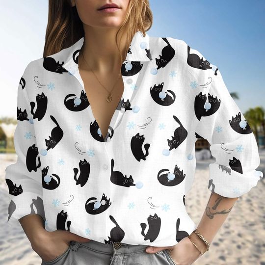 Discover Cute Black Cat Blouse Shirt, White Cat Linen-Look Shirt, Casual Button Up Shirt, Lightweight Summer Blouse Women Shirt, Gift For Women