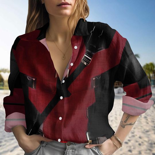 Discover Deadpool Cosplay Linen-Look Shirt, Superhero Costume Blouse Shirt, Halloween Cosplay Blouse Women Shirt, Comic Superhero Shirt