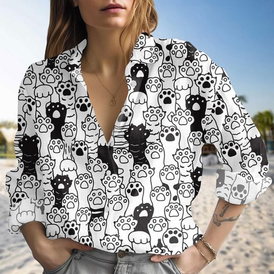Discover Cute Paw Linen-Look Shirt, Black White Cartoon Pattern Shirt, Casual Button Up Shirt, Cute Paw Black Cat Shirt, Gift For Women