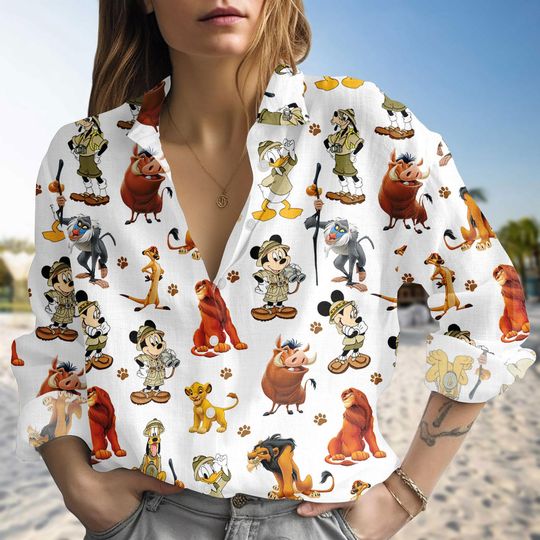 Discover Disney Safari Blouse Shirt, Mickey Mouse Simba Timon Pumbaa Linen-Look, Lion King Blouse Shirt, Cute Disney Blouse Women Shirt