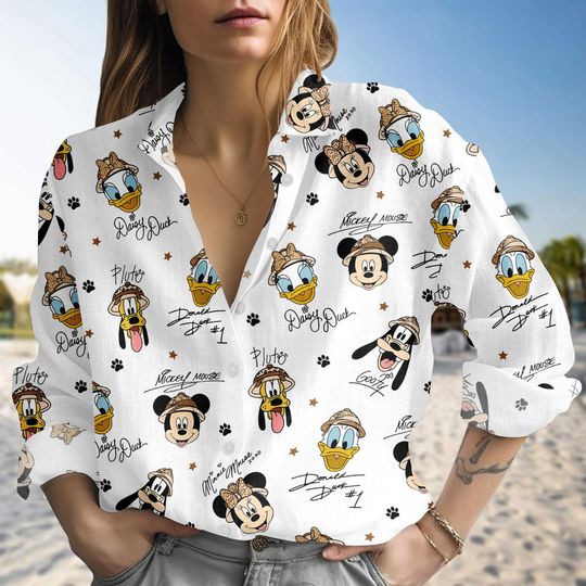 Discover Disney Blouse Shirt, Mickey Mouse Minnie Donald Daisy Goofy Shirt, Button Up Blouse Shirt, Lightweight Casual Shirt, Gift For Her