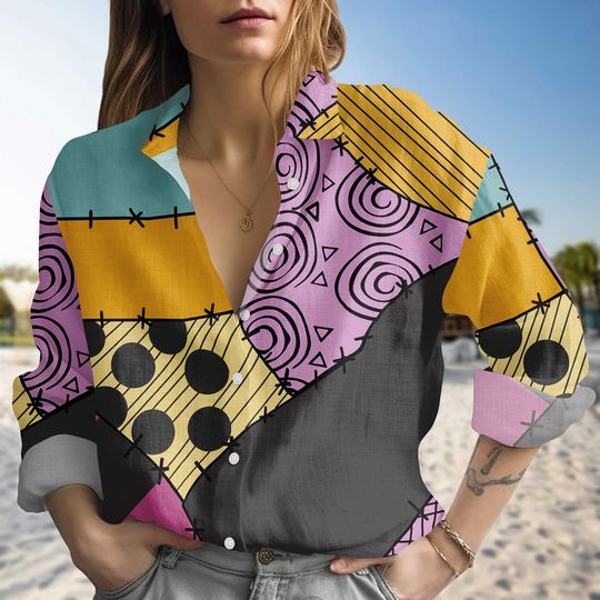 Halloween Sally Linen-Look Shirt, Nightmare Before Christmas Blouse Shirt, Halloween Cosplay Button Up Shirt, Halloween Costume Shirt