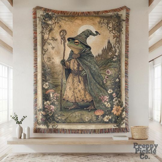 Discover Wizard Frog Medieval Woven Throw, Magical Fantasy Home Decor Tapestry, Fairytale Inspired Decor, Cottagecore Fairycore Goblincore Tapestry