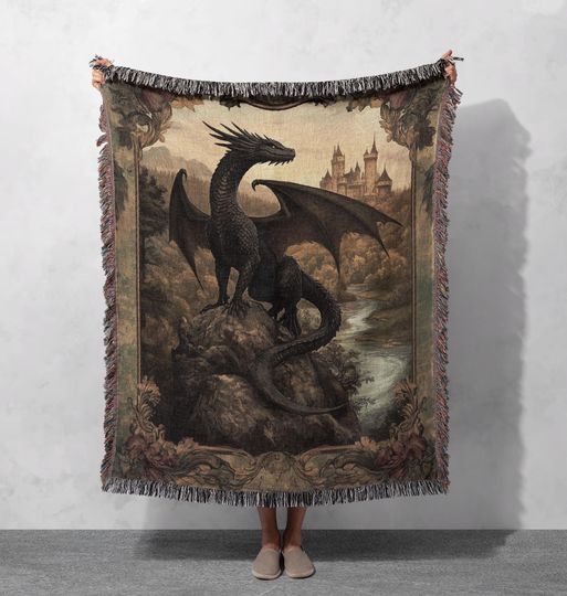 Discover Majestic Black Dragon Woven Blanket 100% Cotton for Fantasy-Themed Home Decor and Unique Gifts, Cottagecore Tapestry