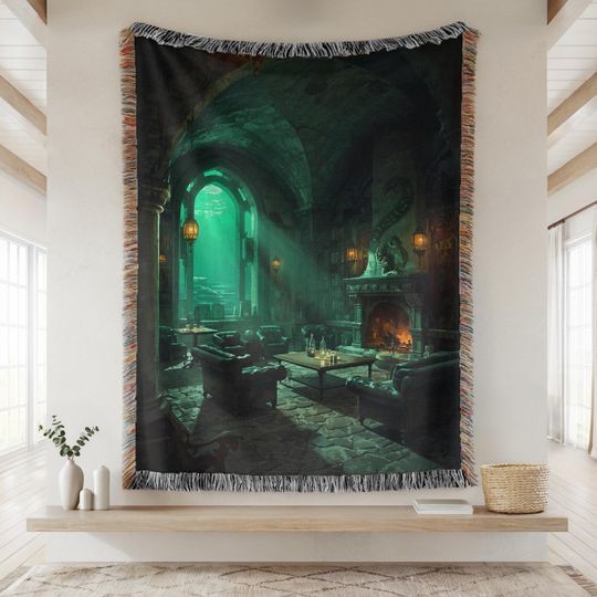 Discover Wizard School Fantasy Tapestry, Ambition Wizarding House Common Room Large Tapestry, Magic World Green Woven Wall Hanging, Book Lover Gift