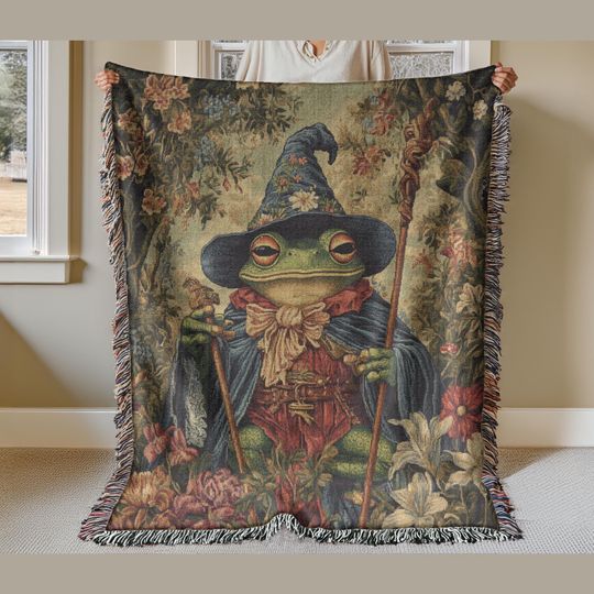 Discover Wizard Frog Woven Blanket, Witchy Goblincore Throw Blanket, Woven Wall Hanging, Frog Lover Woven Throw, Magical Fantasy Tapestry Blanket