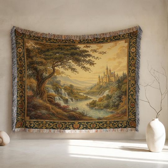 Discover Medieval Castle Woven Blanket  | Old World Theme Castle Waterfall Wall Hanging Tapestry | Large Jacquard Woven Throw | Dark Academia Dcor