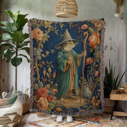 Discover Frog Wizard Tapestry Blanket, Whimsical Medieval Art Throw, Vintage Floral Woven Wall Hanging, Magical Fantasy Home Decor