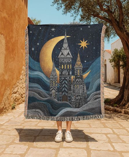 Discover Fantasy Castle 100% Cotton Woven Blanket, Magical Castle Woven Blanket, Moon And Star Woven Blanket, Night Sky Wizardry Woven Blanket Decor