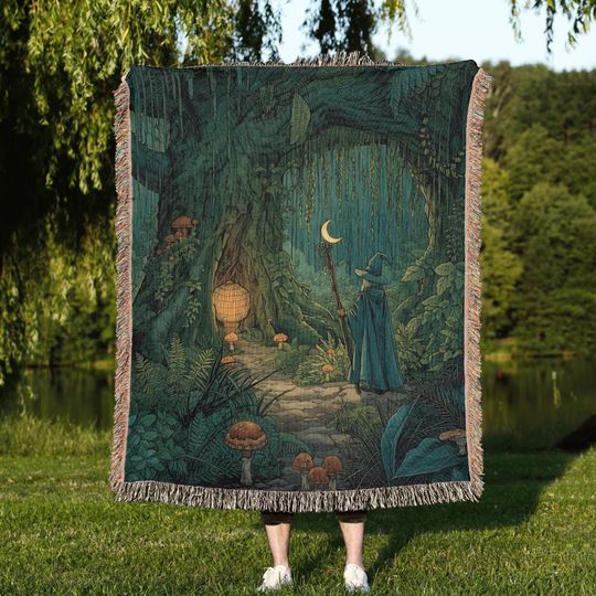 Mystic Wizard Woven Blanket, Enchanted Forest Throw, Moonlit Fantasy Tapestry