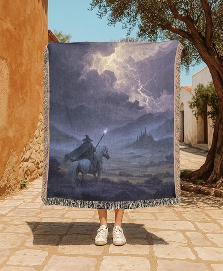 Discover Fantasy Wizard 100% Cotton Woven Blanket, Medieval Mage Woven Blanket, Magic Rider Horse Woven Blanket, Stormy Night Woven Blanket Decor.