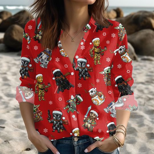Discover Star Wars Chibi Christmas Shirt, Cute Baby Yoda Mandalorian Droid Holiday Blouse Sht, Festive Galaxy Characters Blouse for Women