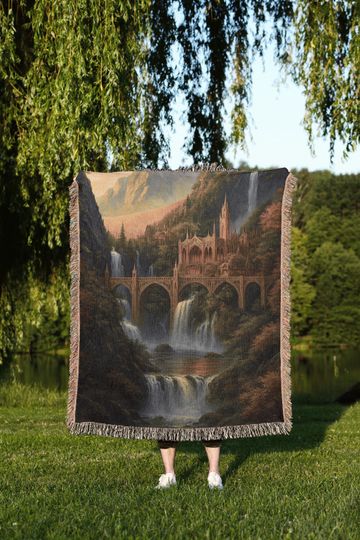 Discover Hidden Elven Valley Woven Blanket: Magical Waterfall Sanctuary Tapestry - Ethereal Nature Art - Fairytale Landscape - Fantasy Book Gift