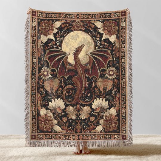 Discover Medieval Dragon Woven Blanket, Dragon Cottagecore Tapestry Throw, Mythical Home Decor, Dark Academia Cotton Bed Cover, Fantasy Lover Gift