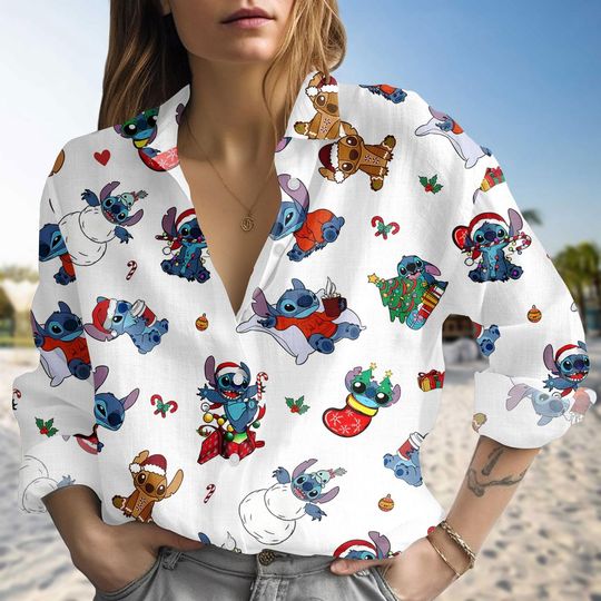 Discover Disney Stitch Christmas Blouse Shirt, Cute Stitch Holiday Cartoon Button Down Top For Women, Festive Xmas Shirt, Funny Winter Gift