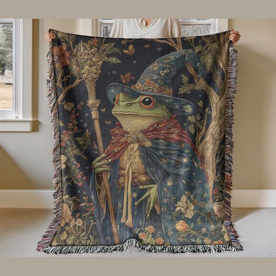 Discover Wizard Frog Woven Blanket, Witchy Goblincore Throw Blanket, Woven Wall Hanging, Frog Lover Woven Throw, Magical Fantasy Tapestry Blanket