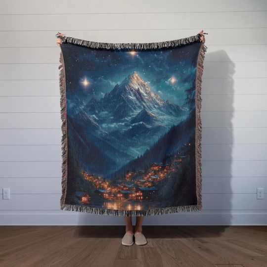 Discover Mountain Village Woven Blanket  Fantasy Landscape Throw  Bookish Fantasy Merch