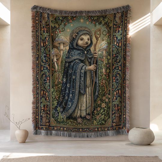 Discover Wizard Hedgehog Woven Blanket | Hedgehog Lover Medieval Woven Throw | Magical Fantasy Home Decor Tapestry | Stained Glass Religious Throw