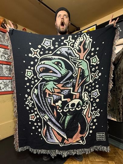 Discover Traditional Tattoo Woven Cotton Tapestry Blanket: Frag Mage Wizard Biker Harley