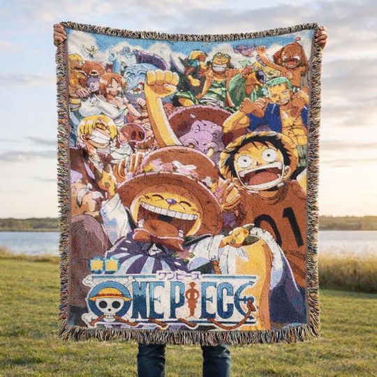 One Piece Woven Blanket l Anime Throw Blanket for Gaming Room, Living Room Decor l 80x60 & 52x37 Inches