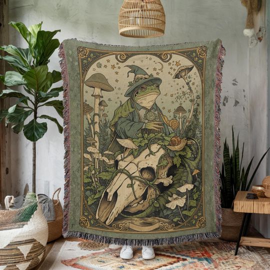 Discover Wizard Frog Woven Blanket, Forest Witch Tapestry Throw, Cottagecore Fantasy Home Decor