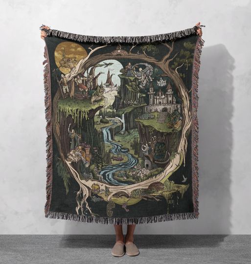 Discover Enchanted Fantasy River Woven Blanket 100% Cotton with Fringe - Magical Castles and Fairytale Landscape Throw, Cottagecore Tapestry