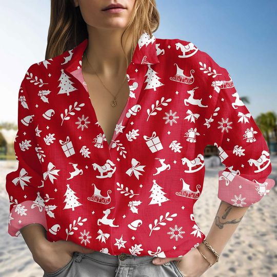 Discover Retro Funny Christmas Blouse Shirt, Holiday Linen-Look Shirt, Festive Reindeer Tree Gift Pattern Top, Xmas Gift For Her, Christmas gift