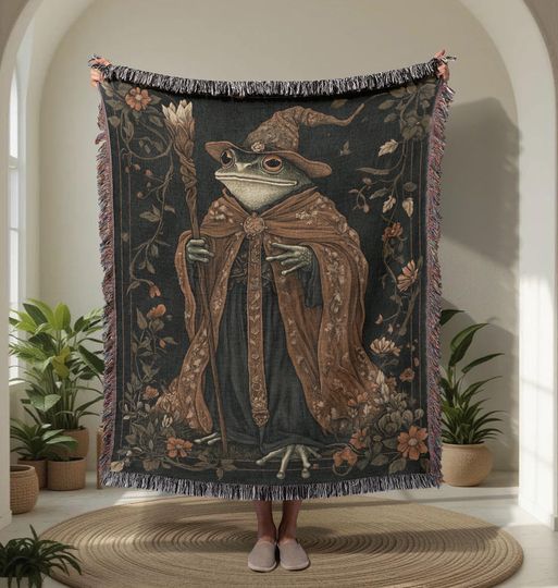 Discover Frog Wizard 100% Cotton Woven Blanket, Magic Lover Gift, Cottagecore Decor Tapestry, Witchcraft Woven Throw, Fantasy Reader Birthday Blanket