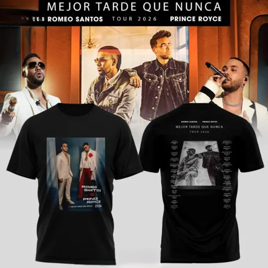 Discover Romeo Santos & Prince Royce Mejor Tarde Que Nunca Tour 2026 Red & Black T-Shirt