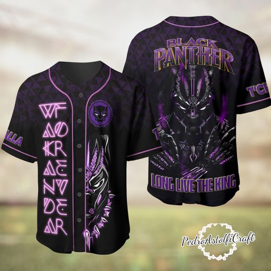Royal Panther Warrior Baseball Jersey, Neon Tribal Button Up Shirt, Black Purple Power Hero Style Jersey, Fan Costume Gift