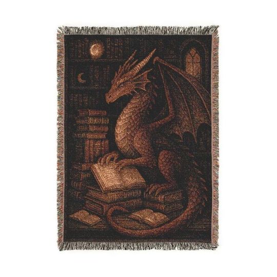 Discover Dragon Library Woven Blanket, Gothic Fantasy Book Lover Throw, Dark Academia Tapestry, Cotton Throw